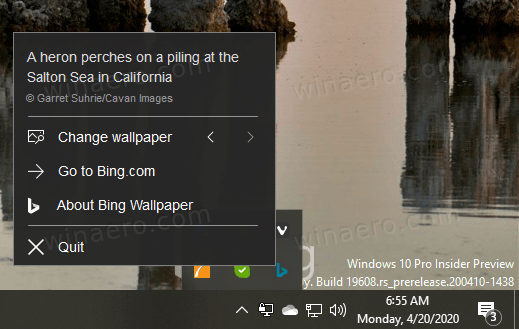 Menu de la barre d'état de l'application Bing Wallpaper