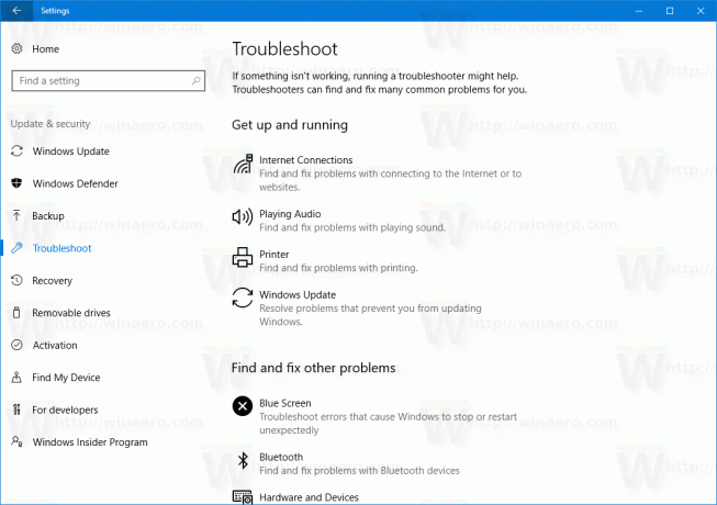 صفحة استكشاف أخطاء Windows 10 وإصلاحها في الإعدادات