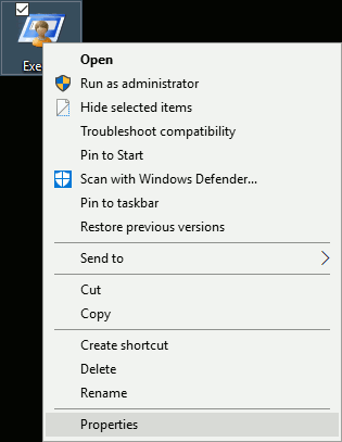 Windows 10Exeファイルのコンテキストメニュー
