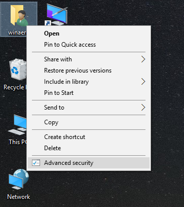 Ukaz kontekstnega menija za napredno varnost v sistemu Windows 10