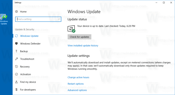 Windows 10 Пряк път за актуализиране на Windows в действие