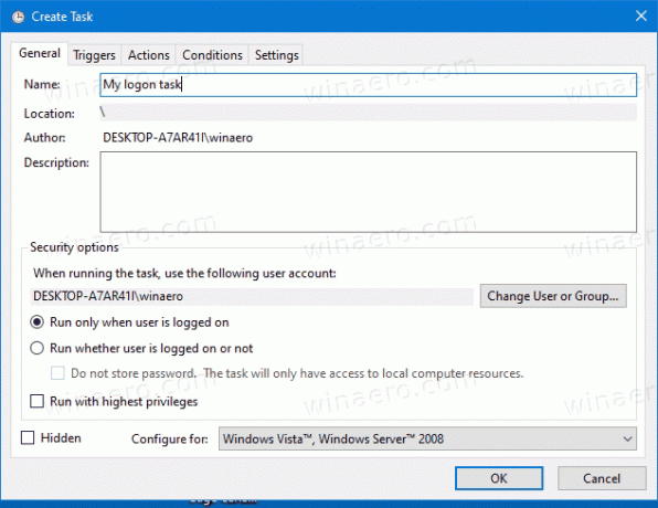 Windows10ログオン時にアプリまたはスクリプトを実行するタスクに名前を付けます