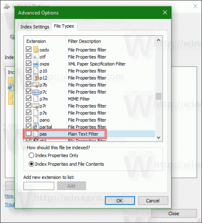 Windows 10 noņemiet faila tipu no meklēšanas indeksa