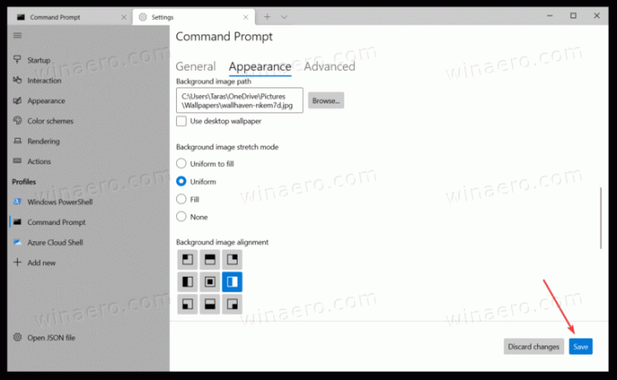 „Windows“ terminalo išsaugojimo fono paveikslėlio nustatymai