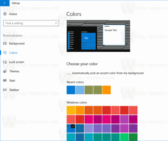 Poslední barvy v nastavení Windows 10