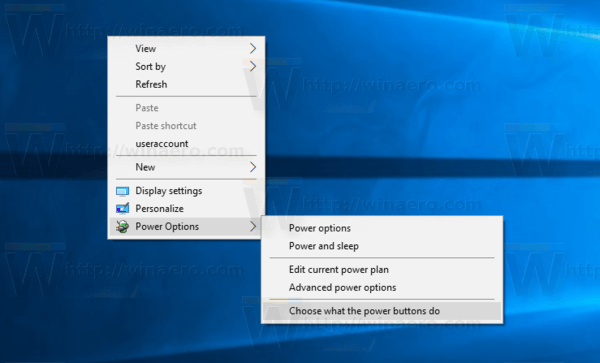 Контекстно меню за опции за захранване Windows 10