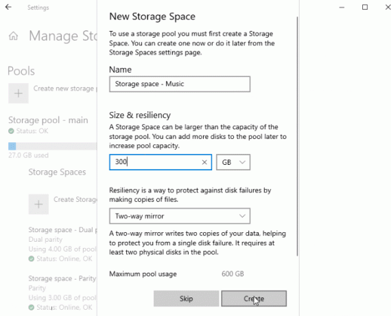 Espaços de armazenamento nas configurações