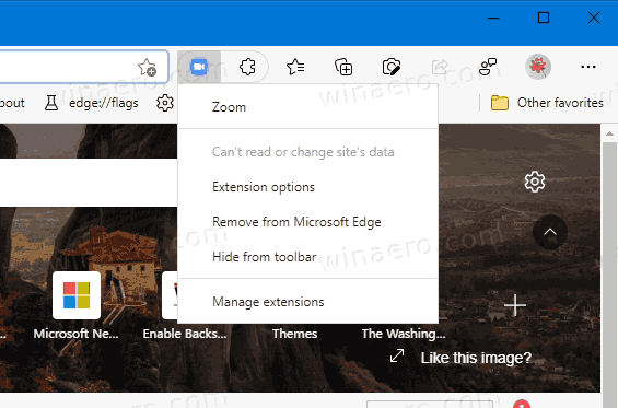 Microsoft Edge Dölj tilläggsikon från verktygsfältet
