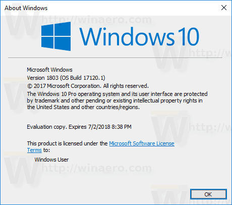 Windows 10 Yapı 17120 Winver