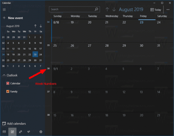 Kalendář Windows 10 povoluje čísla týdnů