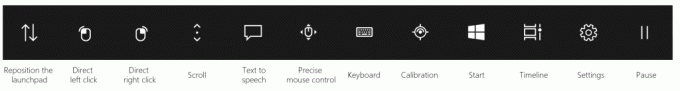 アイコントロールランチパッド。 ランチパッドの再配置、直接左クリック、直接右クリック、スクロール、テキスト読み上げ、正確なマウスコントロール、キーボード、キャリブレーション、開始、タイムライン、設定、および一時停止ボタンを表示します。