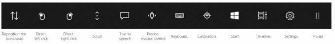 Das Launchpad für die Augensteuerung. Zeigt die Neupositionierung des Launchpads, direkten Linksklick, direkten Rechtsklick, Scrollen, Text-to-Speech, präzise Maussteuerung, Tastatur, Kalibrierung, Start, Timeline, Einstellungen und Pause-Taste an.