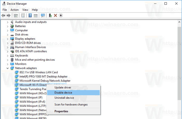 Windows 10 Device Manager Dezactivați adaptorul