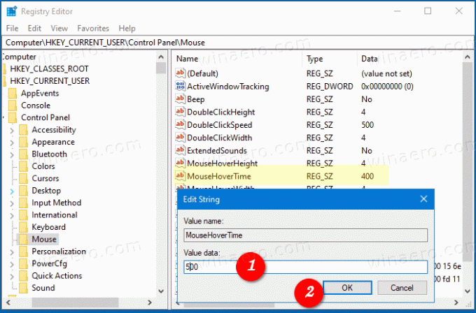 Modifier le temps de survol de la souris dans Windows 10