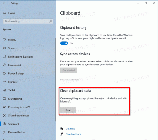 Windows 10 Εκκαθάριση ιστορικού προχείρου χωρίς καρφιτσωμένα στοιχεία