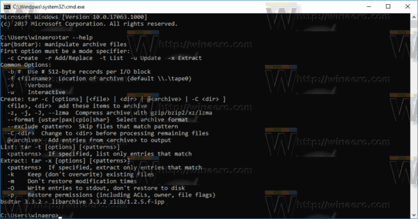 Tar Help Windows 10