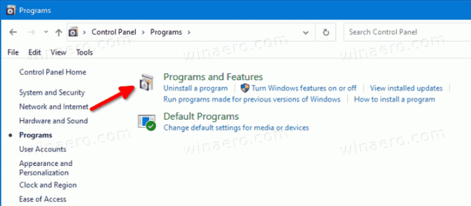 Programmer og funktioner-ikon i kontrolpanelet