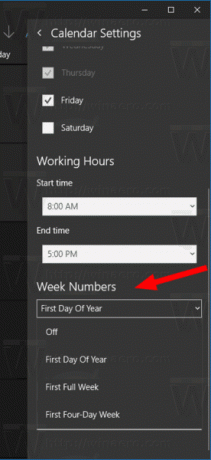 Números de semana de la configuración del calendario de Windows 10