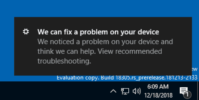 Snimka zaslona koja prikazuje obavijest " Možemo riješiti problem na vašem uređaju"