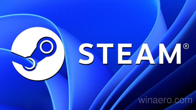 Blått banner med Steam-logo