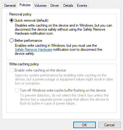 Politik for fjernelse af drev i Windows 10
