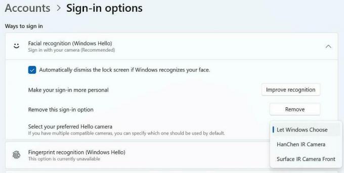 Windows Hello Выберите камеру