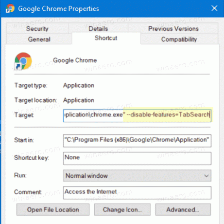 Deshabilitar la búsqueda de pestañas modificando el acceso directo de Chrome
