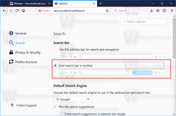 Firefox 57 Tilføj søgefelt