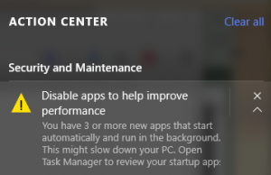 Απενεργοποιήστε την ειδοποίηση Απενεργοποιήστε τις εφαρμογές για να βελτιώσετε την απόδοση στα Windows 10