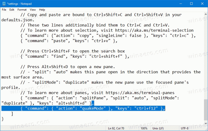 Módosítsa a Quake mód billentyűparancsát a Windows terminálban