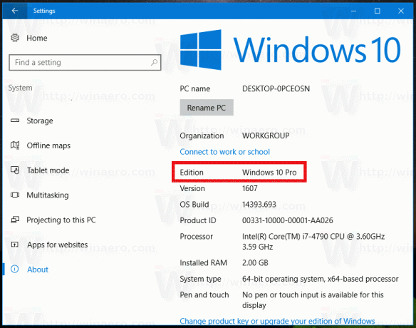 Etsi Windows 10 Edition asetuksista
