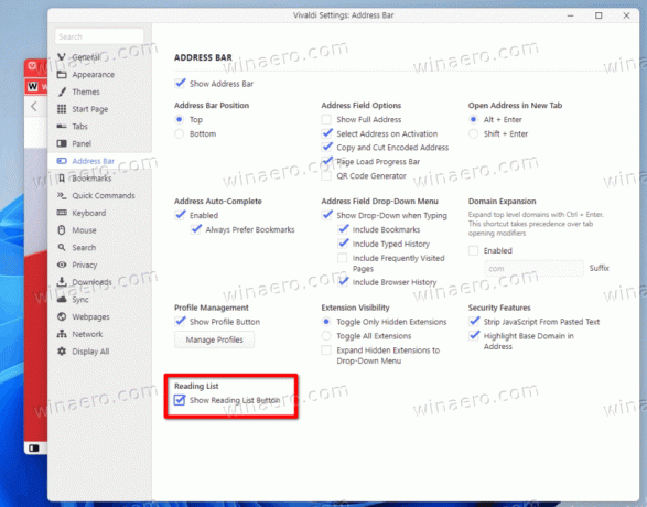 Vivaldi 5.1 Įgalinti skaitymo sąrašą