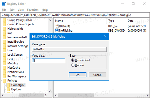 Nedrullningslistan för senaste filer i Windows 10 Inaktivera Tweak