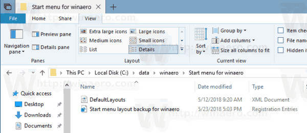 Copie de sauvegarde de la disposition du menu Démarrer de Windows 10