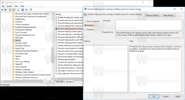 Windows 10 გამორთეთ ძიების ინდექსირება ბატარეაზე Gpedit