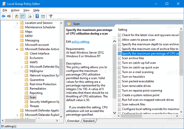 Windows 10 Defender Max CPU გამოყენების ჯგუფის პოლიტიკა