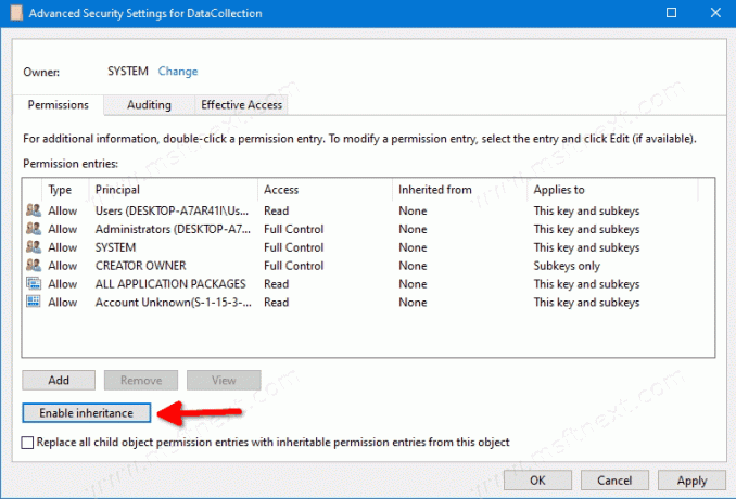 Windows 10 Znovu povolte dědičnost klíče registru