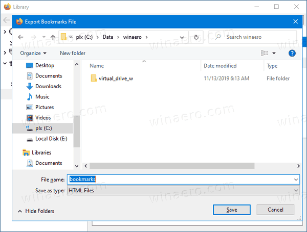 Firefox экспортирует закладки в файл HTML