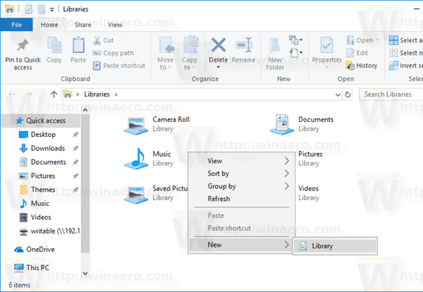 Windows 10 Standaard nieuw menu voor bibliotheken