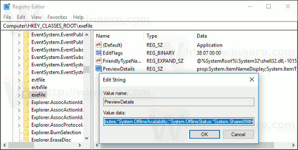 Windows 10 ExefilePreviewDetails値 