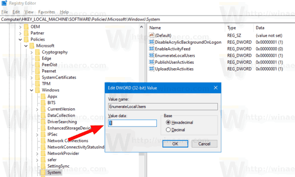 Windows 10 Habilitar Mostrar usuários locais no ajuste da tela de login