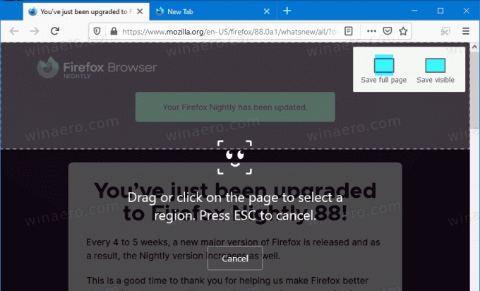 Padarykite puslapio ekrano kopiją naudodami „Firefox 88“.