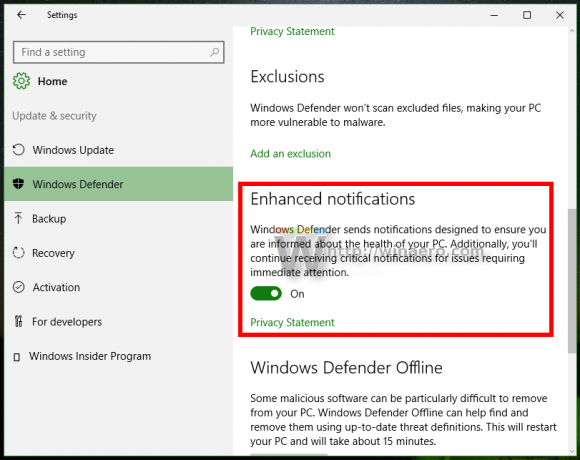 Windows 10 definindo notificações de defesa