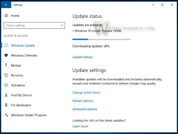 Aggiornamento di Windows 10 build 14388