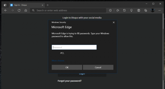 „Microsoft Edge“ automatinio pildymo slaptažodžio patvirtinimas