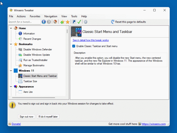 Winaero Tweaker Windows 11 Classic قائمة ابدأ وشريط المهام