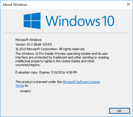 Windows 10 kompilacja 10547 winver