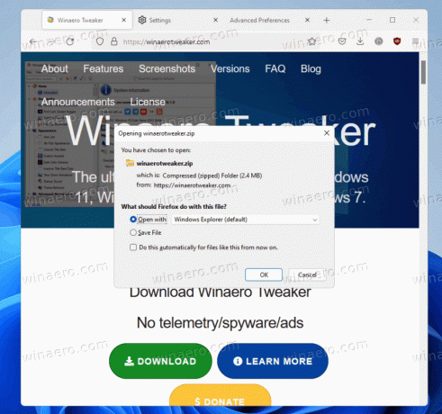 Firefoxファイルのダウンロードプロンプト