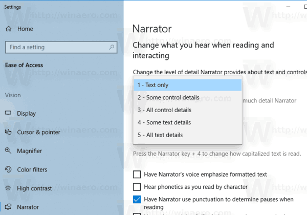 Windows10のナレーターの詳細レベルの変更