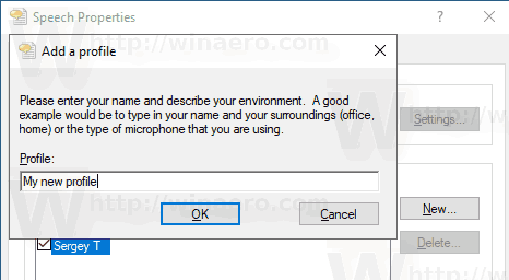 Windows 10 nosaukums runas atpazīšanas profilam